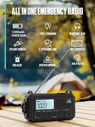 Радіо на механічній ручці з сонячною панеллю та Powerbank 12000mAh | FM/AM/SW радіо для екстрених ситуацій, зарядка USB-C, SOS-сигнал, ліхтарик та лампа для читання | Водонепроникне, портативне радіо для кемпінгу, туризму, чорне