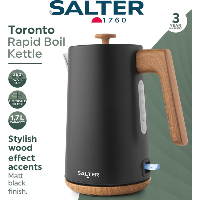 Електричний чайник Salter Toronto 1,7L, 3kW, чорний: швидке кип'ятіння, 360° підставка, фільтр від накипу, дерев'яний дизайн, бездротовий, захист від сухого кип'ятіння, автовимкнення, контролер Otter, чорний колір
