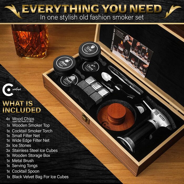 Набір для копчення коктейлів з ліхтариком - Smoke Egg Set для віскі та бурбон, включаючи коробку для копчення, тирсу та аксесуари