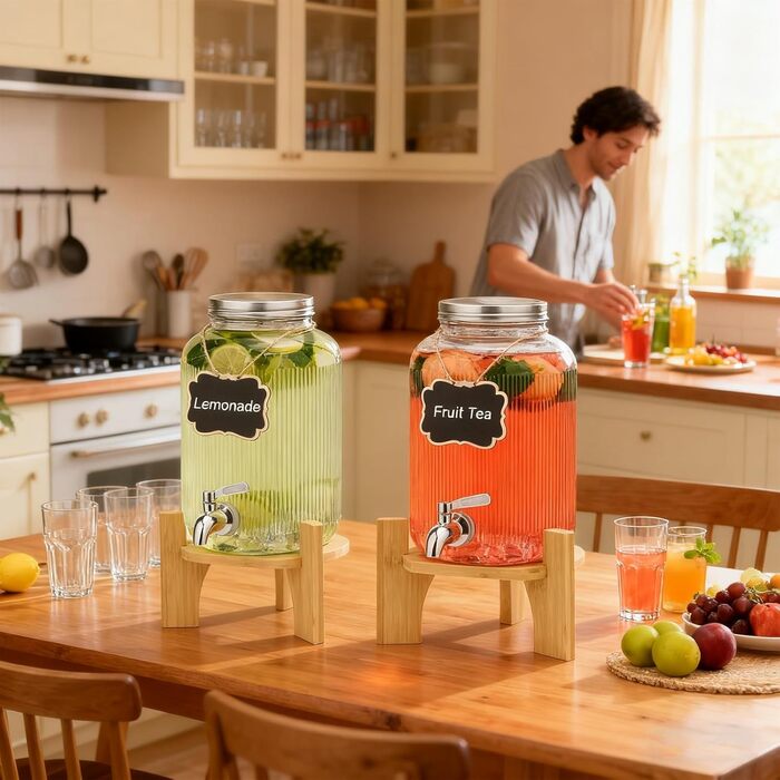 Скляний диспенсер для напоїв 4L (2 шт) зі штангером та нержавіючим краном - для вечірок, коктейлів, соків, води