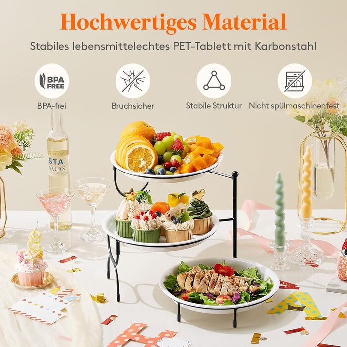 Lifewit 3-Tier Serving Tray, Round Serving Plates, White Reusable Food Trays with Display Stand for Buffets, Snacks, Vegetables, Fruit, Cookies, Dessert, Party Supplies, Black