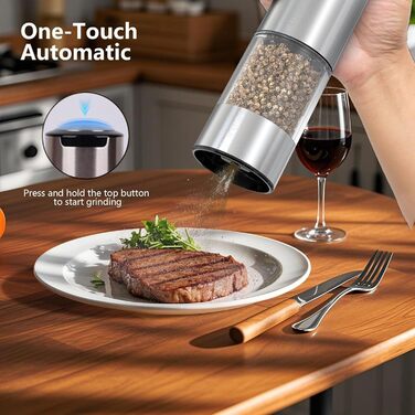 Rechargeable Electric Salt and Pepper Grinder Set with Base, Stainless Steel Spice Grinders with 95ml Transparent Container, White LED Light, and Adjustable Coarseness