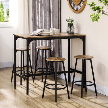 HOMCOM Bar Table Set 5-Piece with 4 Bar Stools, Kitchen Table in Industrial Design, Rustic Brown, Metal Dining Set for Kitchen & Bar