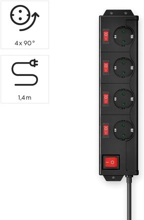 Мережевий фільтр Hama з перенапруженням, 6 розеток, поворот на 90°, чорний, 1.4м кабель