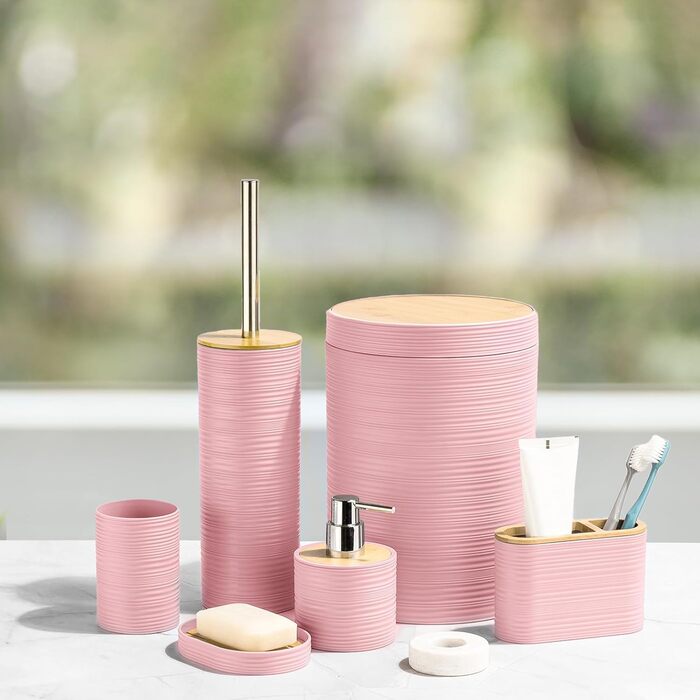 CERBIOR Набір аксесуарів для ванної кімнати, бамбуковий комплект з 6 предметів, включає дозатор для мила, тримач для зубних щіток, стакан для зубних щіток, мильниця для декоративної поверхні, подарунок на новосілля, Sriral (Рожевий)