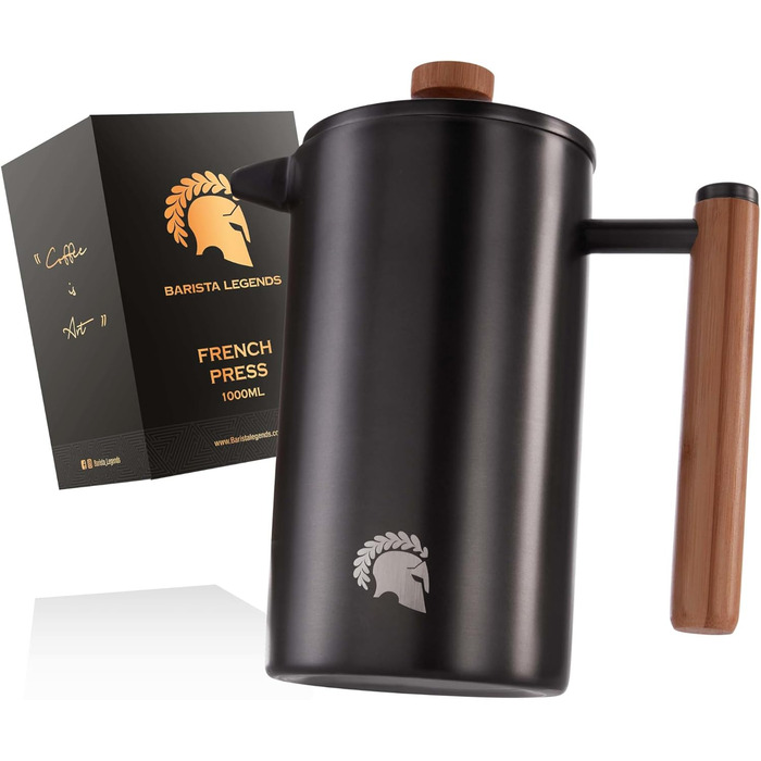 Barista Legends® French Press Stainless Steel Thermal Coffee Press (350ml) - Double-Walled Coffee Maker for Longer Fresh Filter Coffee - Also Suitable as a Coffee Maker for Camping! Metallic Black 350ml