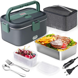 AUTOPkio Electric Lunch Box 1.8L 80W, 12V/24V/220V Large Heated Food Warmer with Bag, Stainless Steel Fork & Spoon for Car, Truck, Office