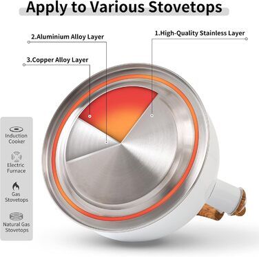 Чайник для плити LONFFERY 2.5 л з свистком, з нержавіючої сталі, дерев'яним декором, складаним ручками, кремово-білий