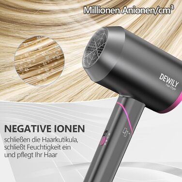 Складаний фен DEWILY Profi: потужний, тихий, з 3 режимами нагріву, з насадкою, сірий