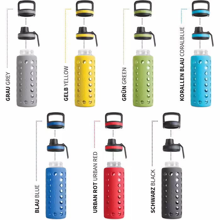 Glass Drinking Bottle with Silicone Sleeve – 100% Leak-Proof, BPA-Free, Dishwasher Safe, 2 Replaceable Lids – Ideal for Office, Fitness, Yoga, Sports & Outdoor (Navy Blue 2.0) – 950 ml