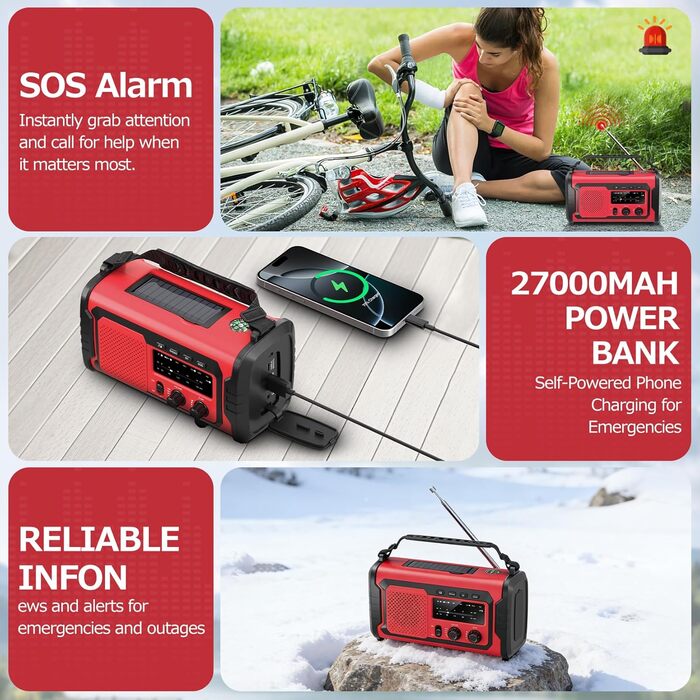 Радіо на сонячній батареї та ручному приводі 27000mAh з Bluetooth, FM/AM, SOS сигналом, динаміком та підключенням для навушників (Армійський зелений)