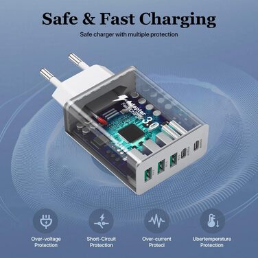 Зарядний пристрій USB-C 50W, 5 портів: 2 USB-C + 3 USB-A, Fast Charge PD 3.0, сумісний з iPhone, Samsung, планшетами - Білий