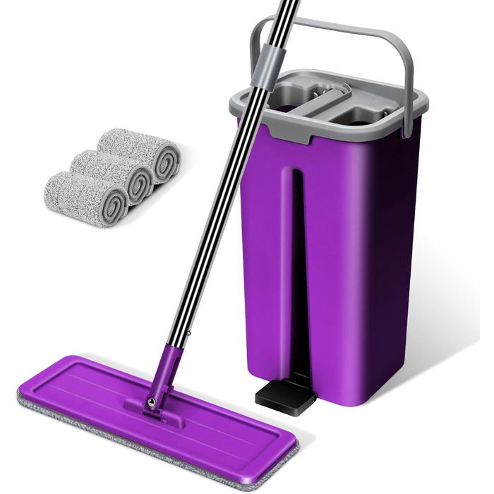 Набір для миття підлоги Masthome з відром: плоский моп, 3 мікрофібрових насадки, відро з нержавіючою сталею, моп з функцією віджиму, для прибирання підлоги