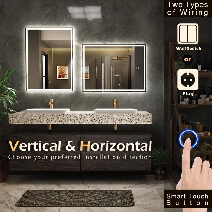 LED дзеркало для ванної кімнати KWW 80x100 см з підсвічуванням, протитуманне, регульоване освітлення, настінне, з сенсорною кнопкою