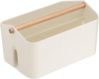Navaris Storage Box with Wooden Handle - 2 Compartment Box Organizer for Bathroom Kitchen - Basket Storage for Cutlery Cleaning Supplies Portable Small - Cream White