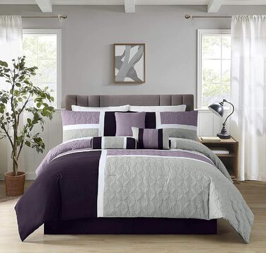 Комплект постільної білизни Chezmoi Collection Upland 7-частинний, стегане покривало, дизайн пэтчворк, лаванда/сірий/фіолетовий, розмір Queen