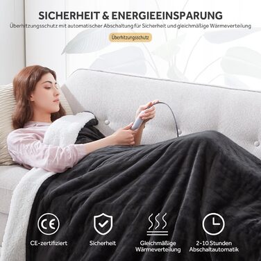 Електрична ковдра Warmrest 130x180 см, сіра, фланель-шерпа, 6 температурних режимів, таймер, захист від перегріву, пральна машина