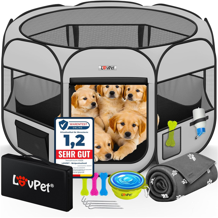LOVPET® Pop-Up Dog Playpen with Bowl & Fleece Blanket - Portable Indoor/Outdoor Pet Pen for Small Dogs & Cats - Oxford Fabric