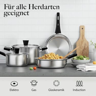 Набір каструль 6-ти частинний з нержавіючої сталі для індукційних плит, Cookware Set, без антипригарного покриття, сумісний з усіма типами плит, з кришкою та захистом від опіків, придатний для миття в посудомийній машині