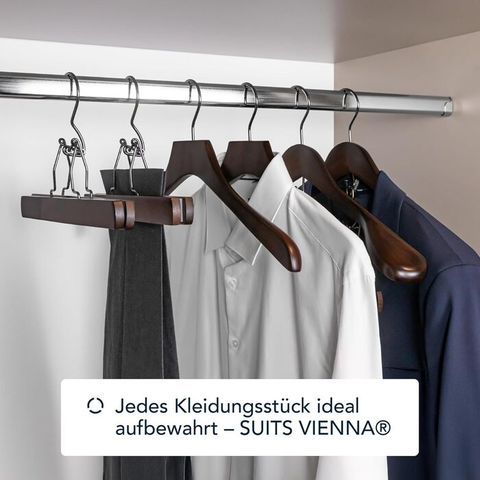 Дерев'яні плічка SUITS VIENNA для костюмів і штанів, 4 шт, масив дерева, широка рифлена підкладка, нековзкі, для піджака та брюк, чоловічі, 45 см