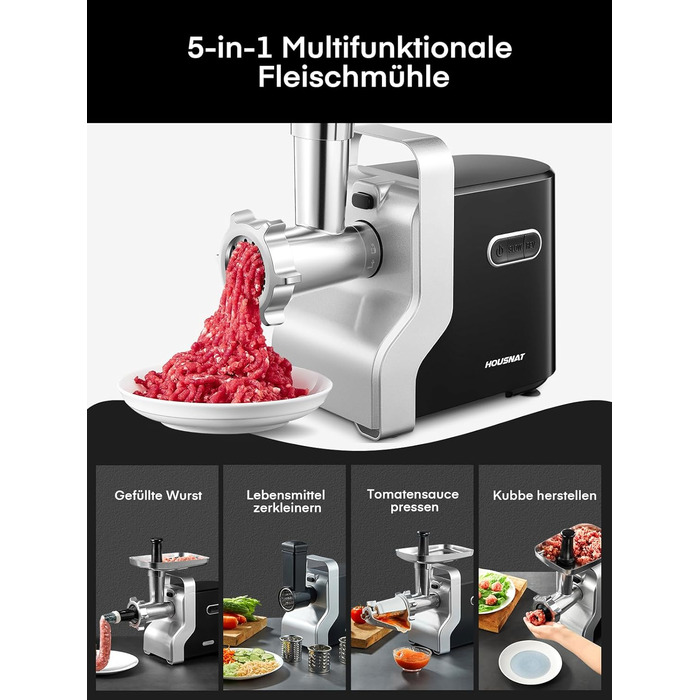 Electric Meat Grinder 5-in-1 - 700W Power, 2800W Max Blocking Capacity, Stainless Steel Grinding Plates (3, 5, 7mm), Sausage Maker, Kubbe Attachment, Black