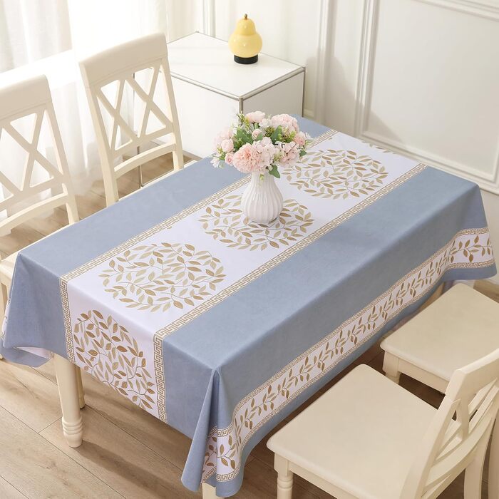 Rayapot PVC Tablecloth Wipeable Table Cover, Plastic Washable Cuttable Tablecloth, Plastic Waterproof Tablecloth, For Kitchen Dining Room - Leaves - Blue - 140x220cm