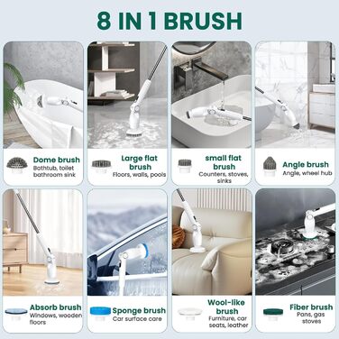 Coovee Electric Cleaning Brush, 2024 New Voice Command Spin Scrubber with 8 Drill Brush Heads, THREE Adjustable Speeds, Extendable to 137cm Handle for Bathroom Kitchen Car Floor (Replacement Brush Heads - White)