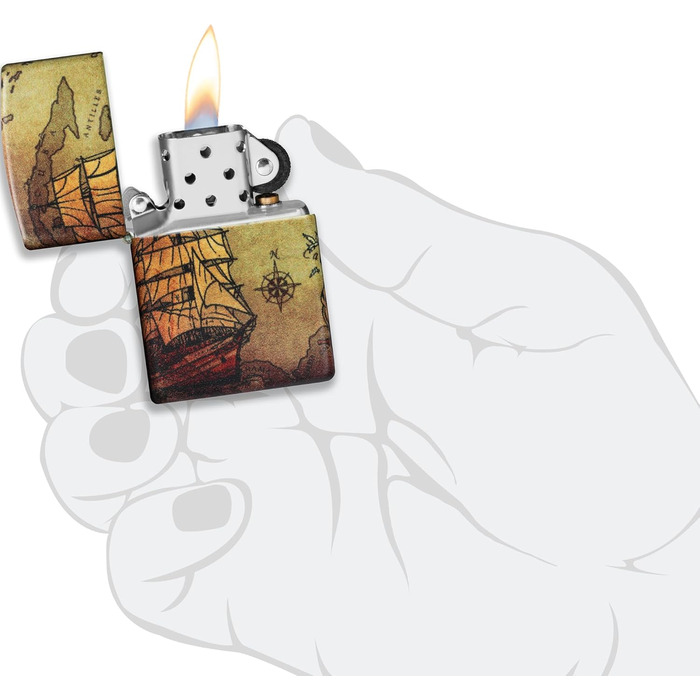 Запальничка ZIPPO із зображенням піратського корабля, 540° кольоровий принт, біла матова, багаторазова, у подарунковій коробці