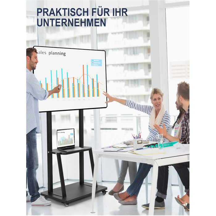 Підставка для телевізора на колесах, мобільний телевізійний візок для 32-75 дюймів LED/LCD/OLED, регульована по висоті, чорна, з полицями для ноутбука та DVD