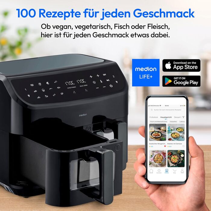 Аерофритюрниця MEDION P20 XXL, 8.7 л, 2600 Вт, подвійна камера, 9 програм, 2 кошики, чорна