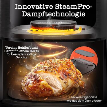 Stillstern Airfryer з оглядовим вікном, 8л, з парою та функцією Shake, 80-200°C, 1800W, таймер 120хв, 100 рецептів, чорний