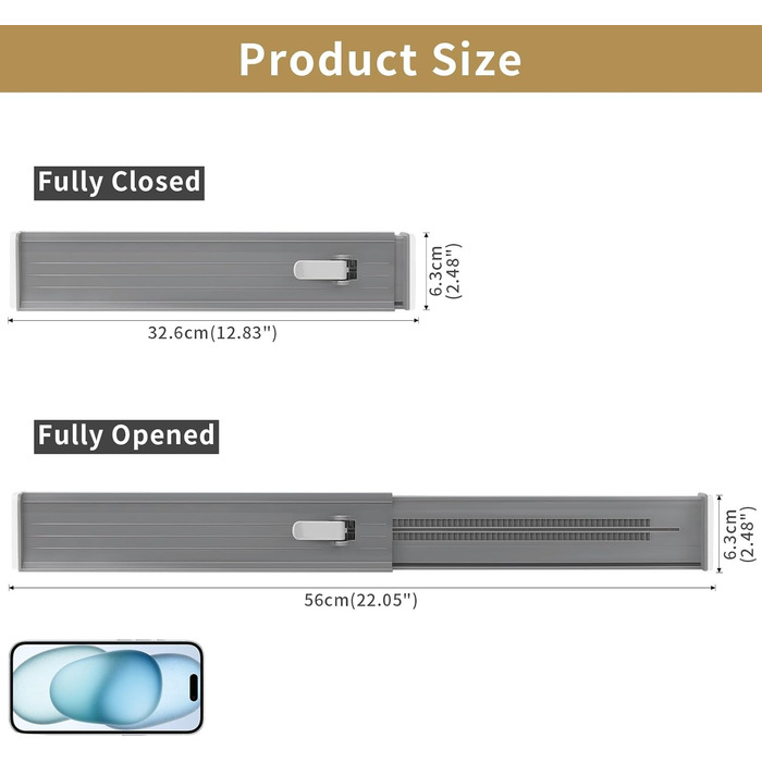 DIMJ 8-Piece Drawer Dividers Adjustable (32.6-56cm) Plastic, Closet Organizer for Kitchen Storage, Bedroom, Dresser, Light Gray