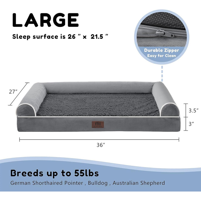 Ортопедичне собаче ліжко WESTERN HOME для великих та середніх собак, з бортиками, 106x76x19 см, миється