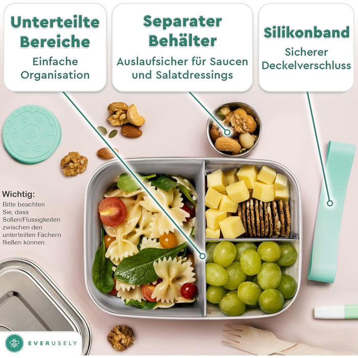 Бенто-бокс Everusely 0,8 л з нержавіючої сталі з контейнером для спецій - ланчбокс з 3 відділеннями (зелений)