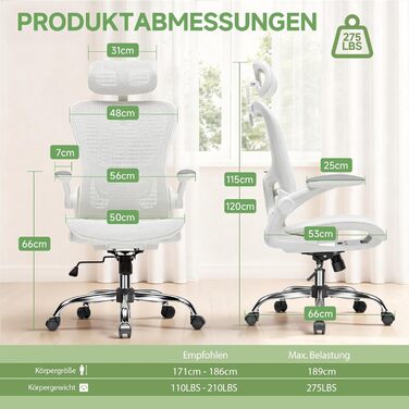 Офісне крісло GTPLAYER Ergonomisch - регульована спинка, підлокітники, поперекова підтримка, функція гойдання, дихаюча сітка, 150 кг (Білий)