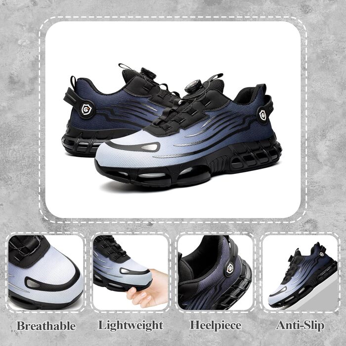 Робочі черевики: захисні черевики для чоловіків та жінок, сталевий капак, антипроколювання, легкі, спортивні, дихаючі, самозатягуючі, швидка застібка, модні, захисні черевики, розміри 36-46 EU (43 EU, синій 266)