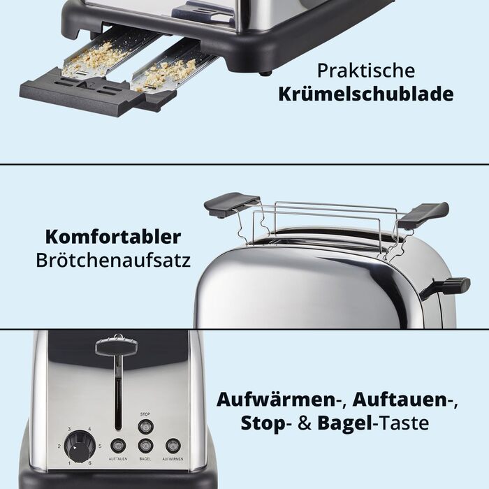 Набір для сніданку KHG: чайник та тостер, нержавіюча сталь, сріблястий, об'єм 1 л, 2 слоти, точний вилив, поворотний на 360°, 6 рівнів підсмажування, функції підігріву, розморожування та для багелів, з підспівачем для крихт
