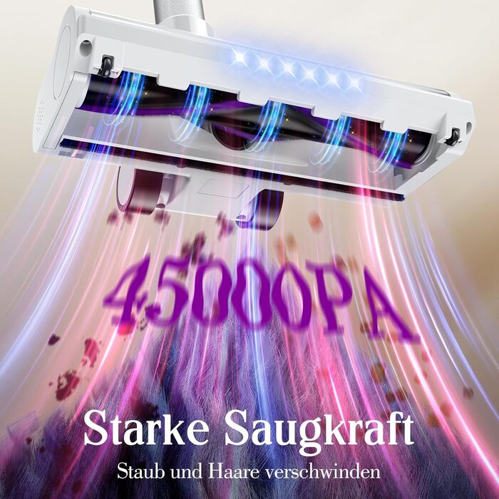 Бездротовий акумуляторний пилосос 45000 Па, 60 хв, 1.75 кг, 6-в-1 з сенсорним екраном, LED-підсвічуванням, антизаплутувальною насадкою та зарядною станцією, 7-шарова фільтрація для шерсті тварин, килимів, твердих поверхонь, авто, білий з фіолетовим