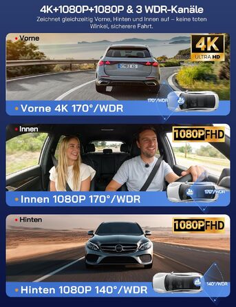 Автомобільний відеореєстратор WOLFANG 4K 3-канальний (передній, задній та салонний), Wi-Fi Dash Cam