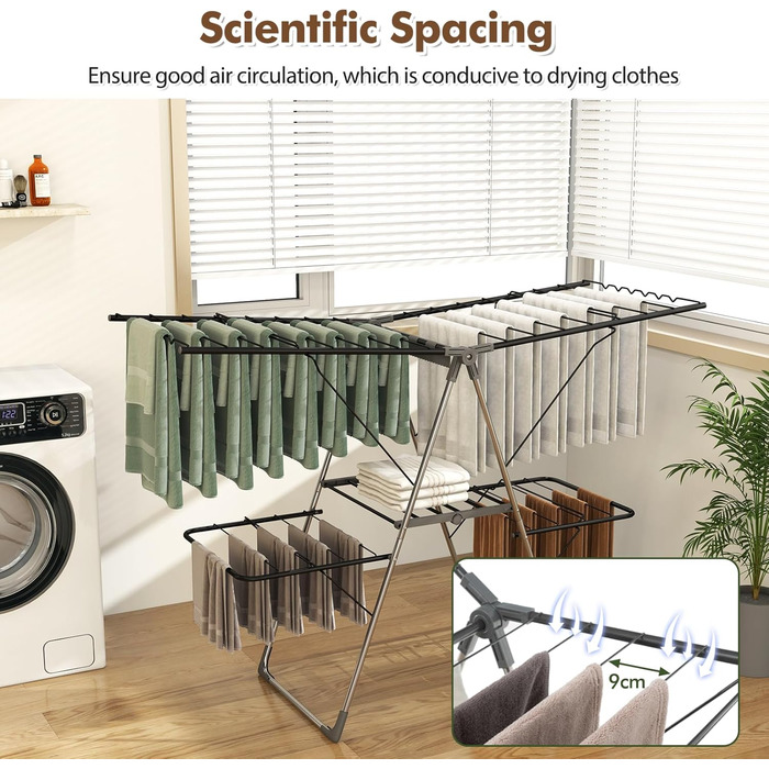 Стійка для сушіння білизни HOMASIS, розкладна, з 2 крилами, регульована, 6 рівнів, з вішалкою для білизни, прищіпками та полицею для взуття, для балкону (Білий/Чорний)