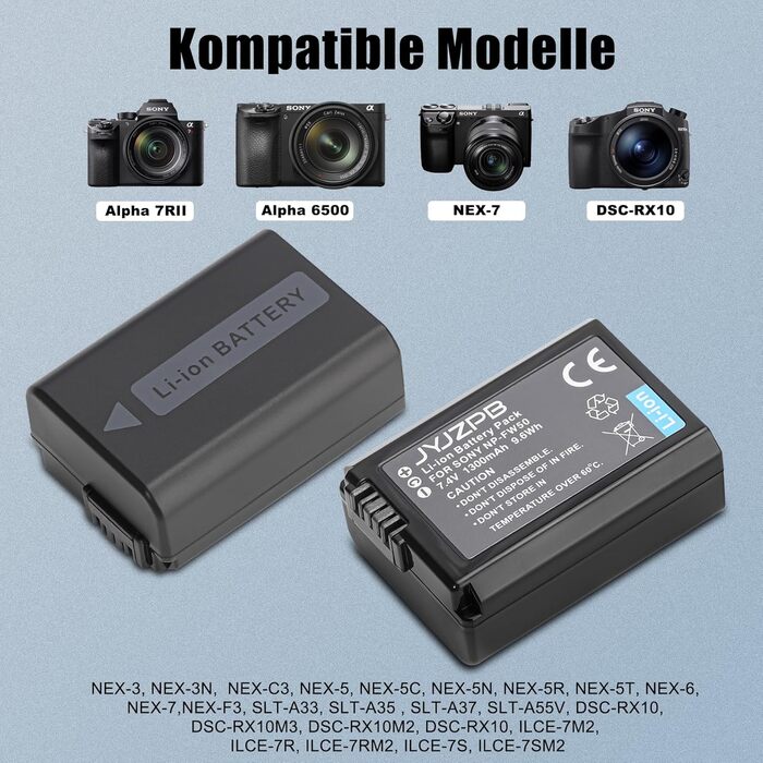 Запасний акумулятор JYJZPB NP-FW50 (2 x 1300mAh) з USB зарядним пристроєм та слотом для SD-картки для камер Sony Alpha A6000 A6300 A6400 A6500 ZV-E10 A7 A7 II A7R II A7SII A5000 A5100 NEX