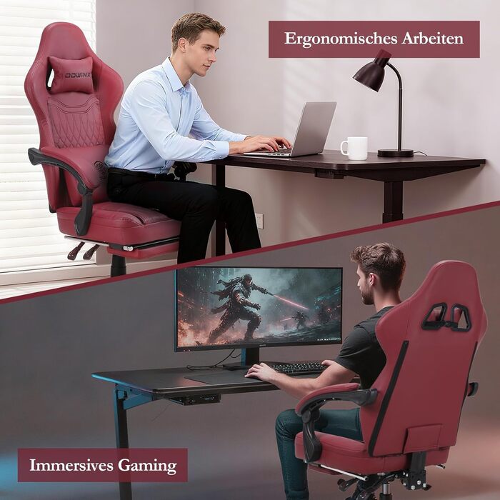 Ігровий крісло Dowinx з пружинним сидінням та масажем попереку, ергономічний геймерський крісло з підніжкою, офісне крісло з PU шкіри (Червоний)