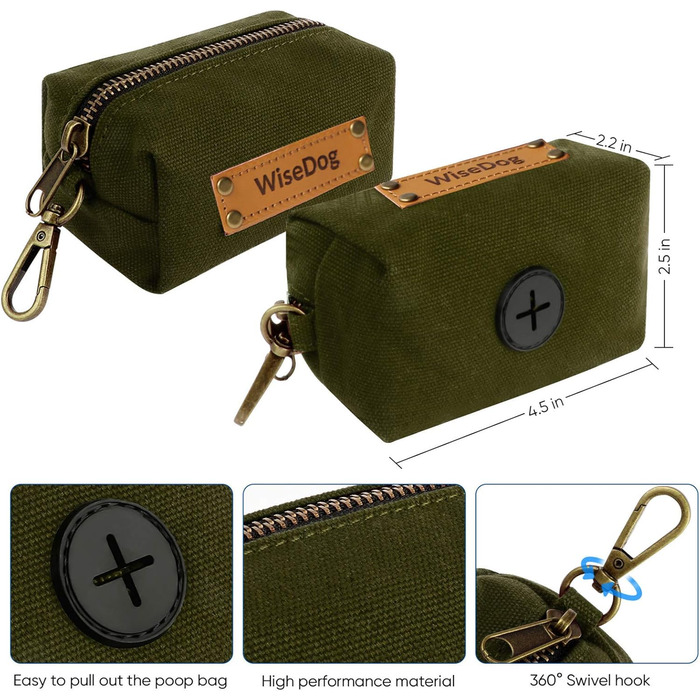 Набір повідка та нашийника для собак Wisedog: регульовані, міцні нашийники та повідки для собак маленьких, середніх та великих порід, з тримачем для відходів (M, оливковий зелений). Зелений (XL(нашийник: 40-65 см; повідок: 1,8 м))