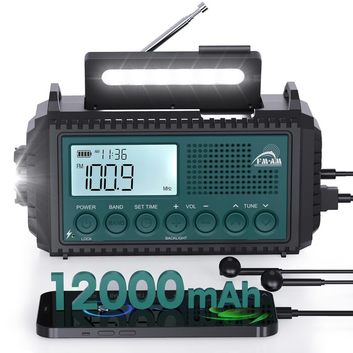 Радіо на сонячній батареї та ручному заводі Kurbelradio 12000 mAh з LED ліхтарем, AM/FM/SW, для надзвичайних ситуацій, чорний