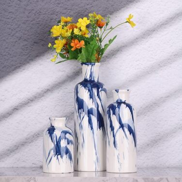 Набір керамічних ваз - 3 шт., стиль бохо, сучасний сільський інтер'єр, декор для вітальні, передпокою, полиці, каміна, полиці (блакитний, білий)