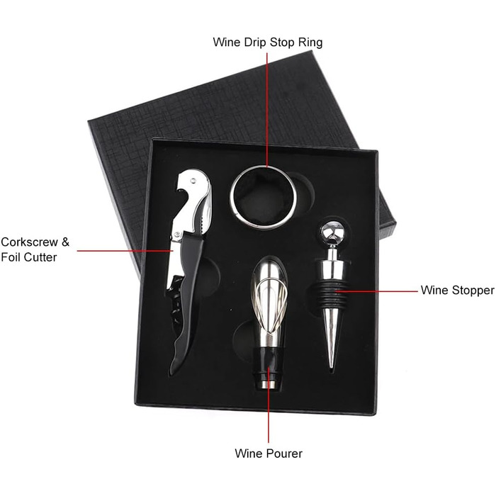 Набір сомельє: штопор, пробка, виливка, кришки для пляшок - 4 в 1