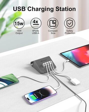 Багатопортова USB зарядка POANES 25W: 4 порти для iPhone, Samsung, LG, Huawei та інших пристроїв (Чорний/Сірий)
