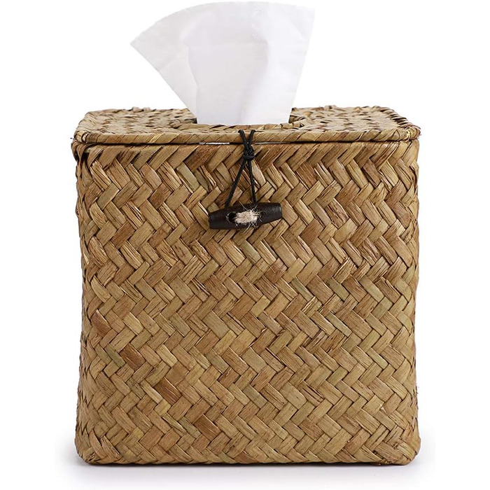 BSTKEY Household Cube, Seagrass Face Towel Box, Decorative Woven Paper Holder, Original Color, Yellow, 35.6 x 35.6 x 33 cm