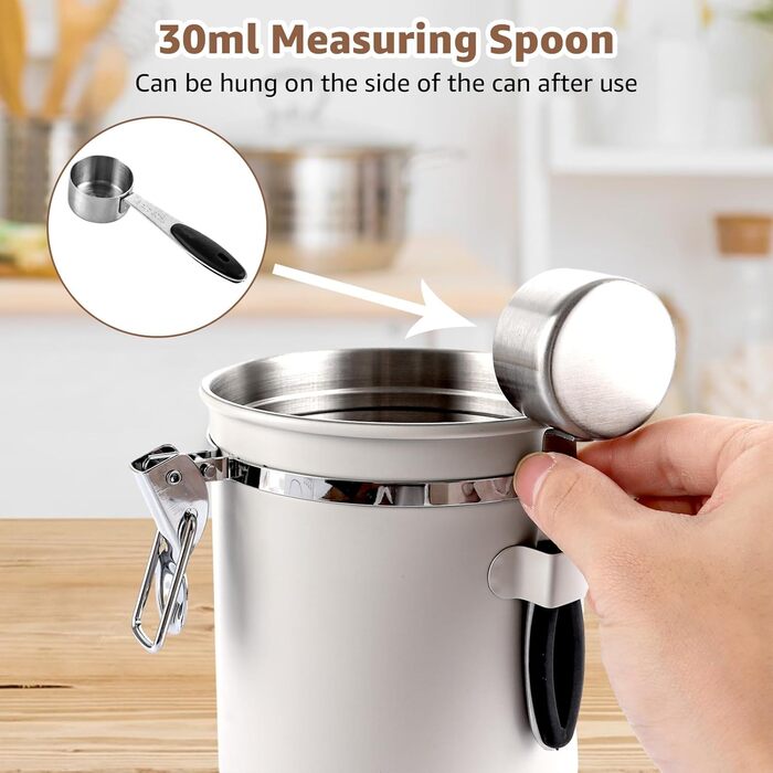 Контейнер для кави 1800 мл з прозорим вікном, з нержавіючої сталі, з ложкою, білий, для кавових зерен, чаю, горіхів, какао