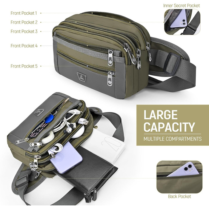 Поясна сумка на пояс для чоловіків та жінок з 7 кишенями на блискавці. Ідеальна для спорту, фітнесу, бігу, велоспорту, подорожей та кемпінгу. Зелений колір.